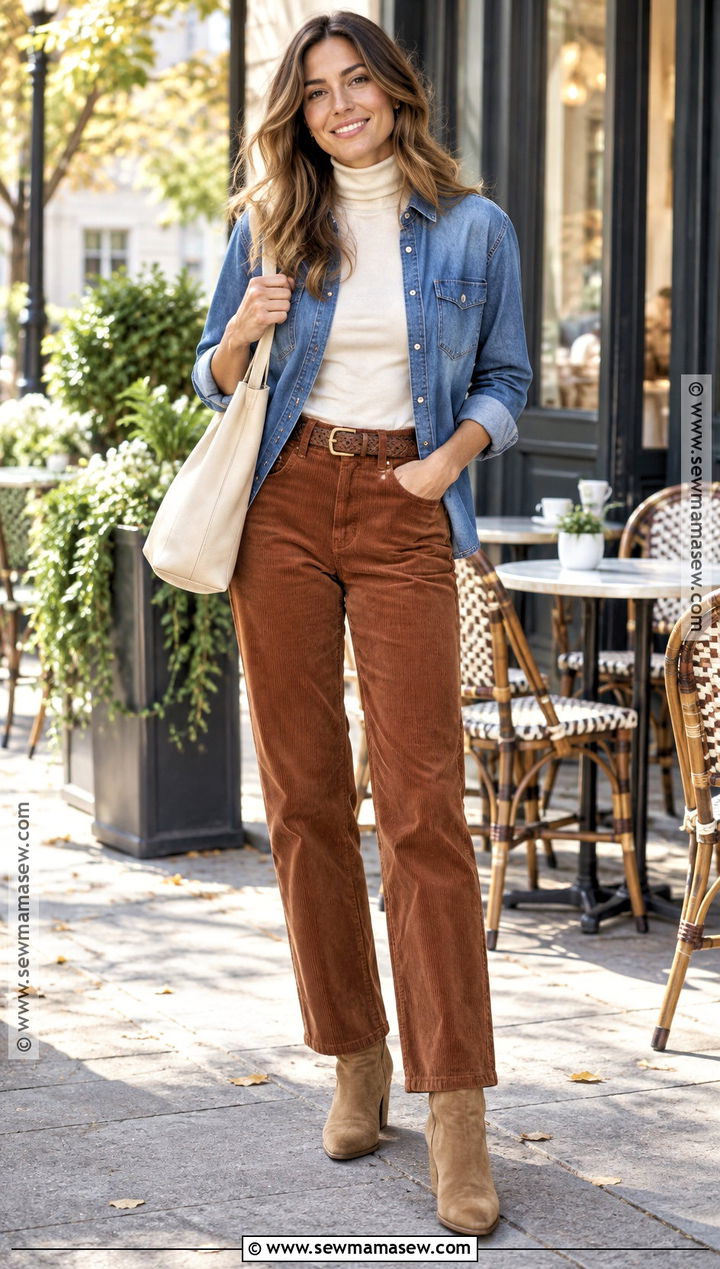 Denim Shirt With Corduroy Pants - 15 fall denim shirt outfit ideas