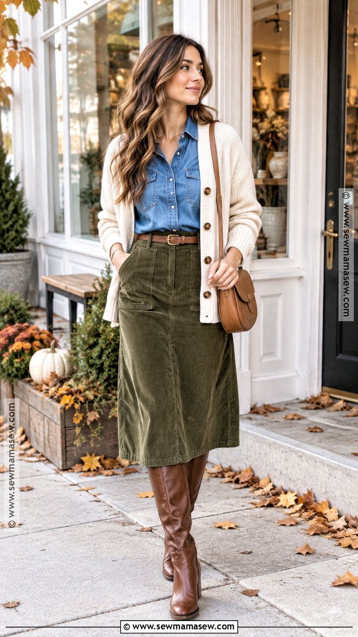 Denim Shirt With Corduroy Skirt Outfit - 20 Fall Winter Outfits for Women