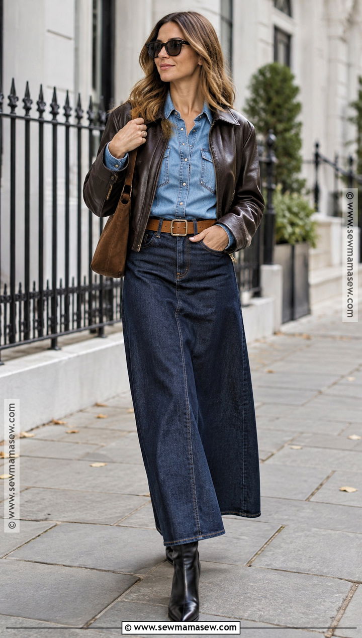 Denim Shirt With Denim Maxi Skirt - 15 fall skirt and shirt outfits