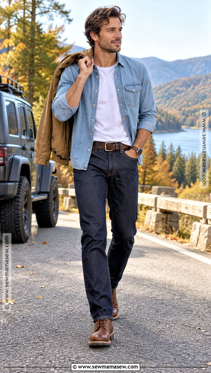 Denim Shirt With Jeans And Leather Boots - 20 mens outfits autumn