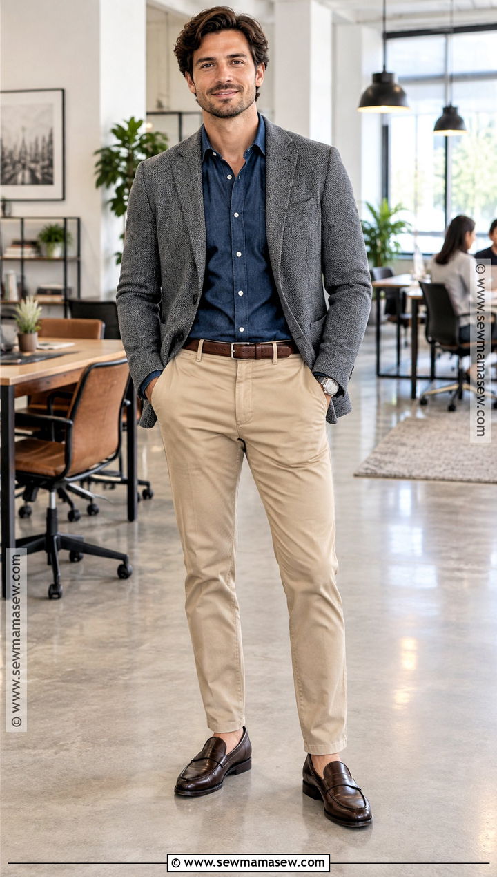 Denim Shirt With Knit Blazer And Chinos - 15 men fall outfits business casual