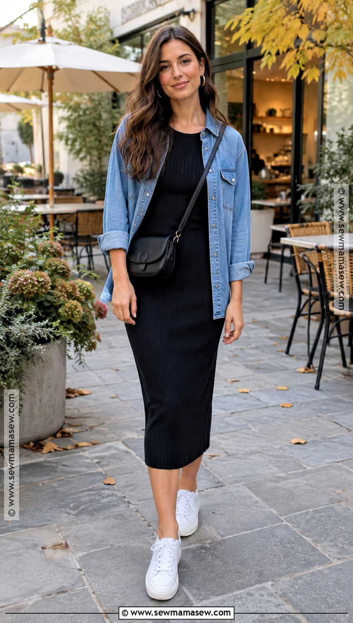 Denim Shirt With Knit Midi Dress - 30 comfy fall outfits