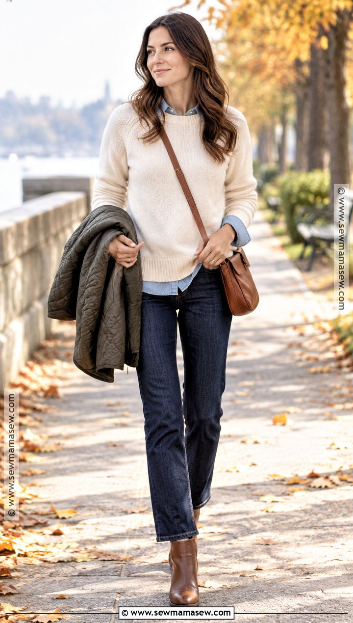 Denim Shirt With Knit Sweater And Jeans - 15 fall denim shirt outfit ideas