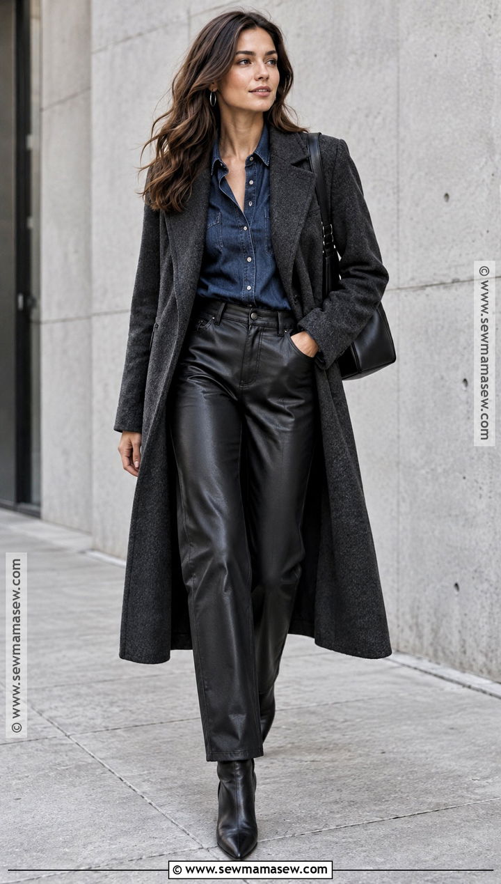 Denim Shirt With Leather Pants And Ankle Boots - 20 denim shirt outfit fall ideas