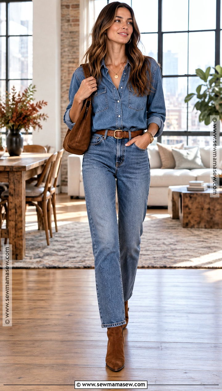 Denim Shirt With Matching Jeans And Ankle Boots - 15 fall house party outfit ideas