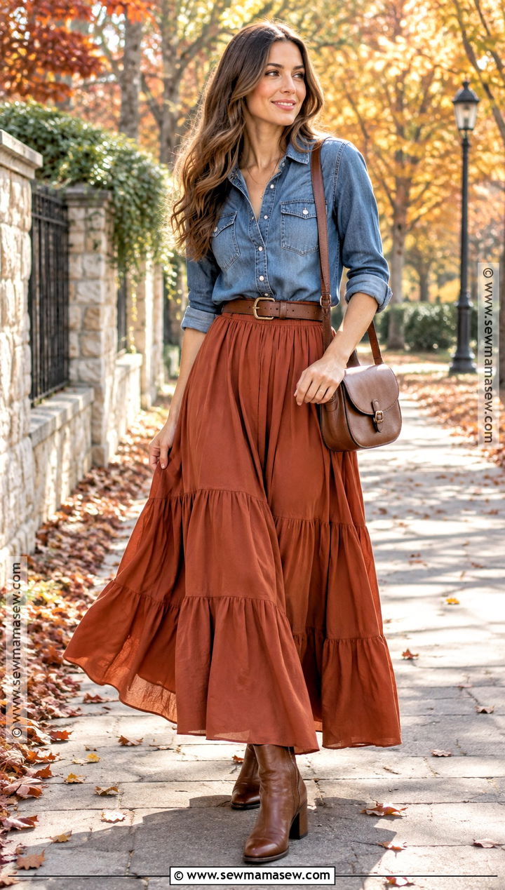 Denim Shirt With Maxi Skirt And Ankle Boots - 20 autumn outfits chic