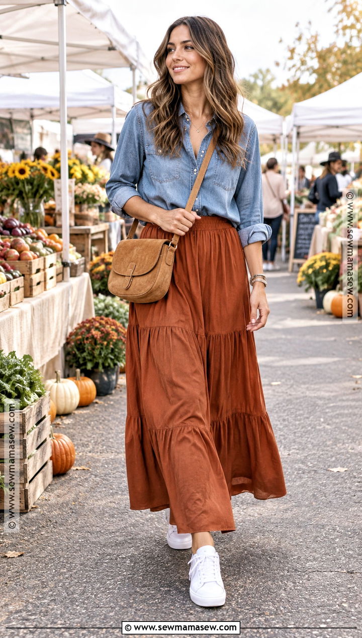 Denim Shirt With Maxi Skirt And Sneakers - 15 comfy sunday outfit fall ideas