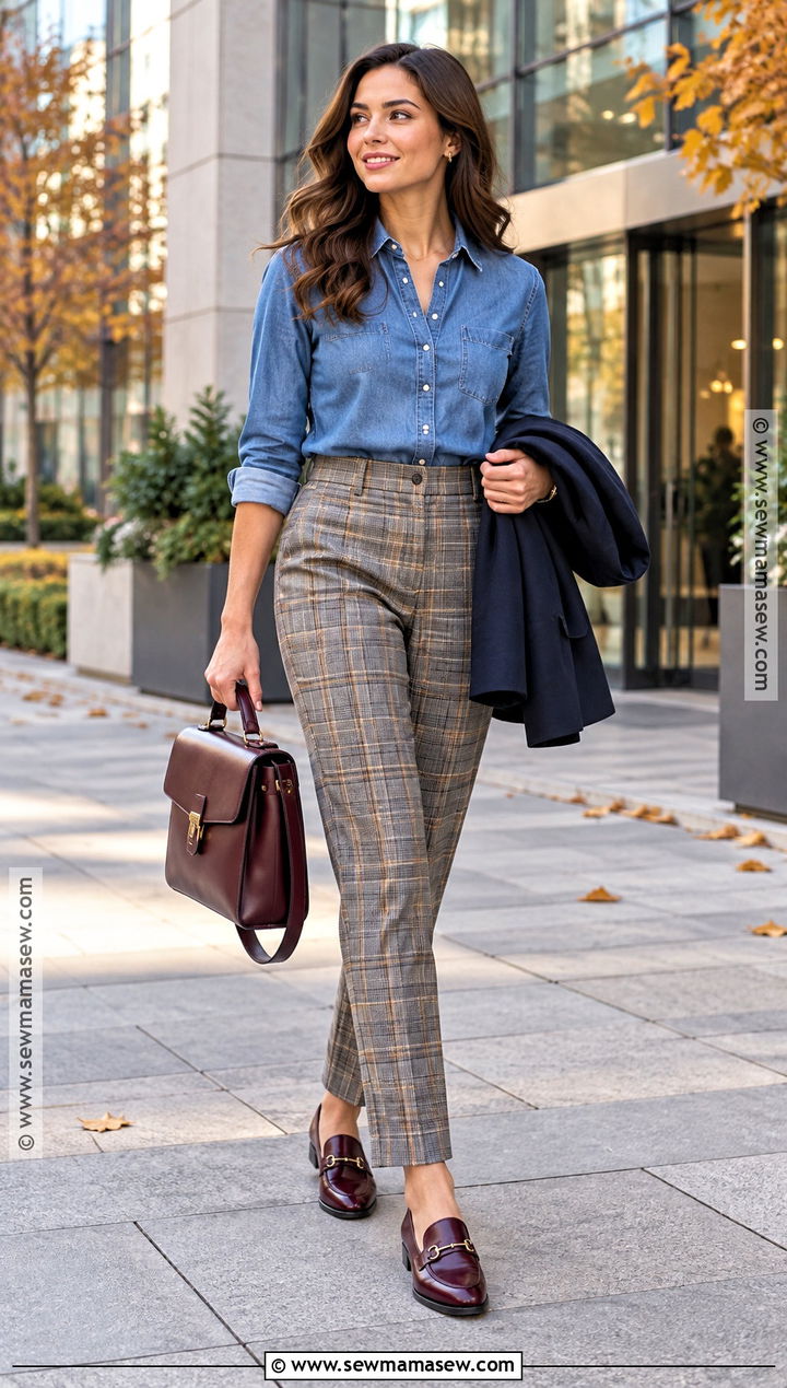 Denim Shirt With Plaid Trousers - 15 fall denim shirt outfit ideas