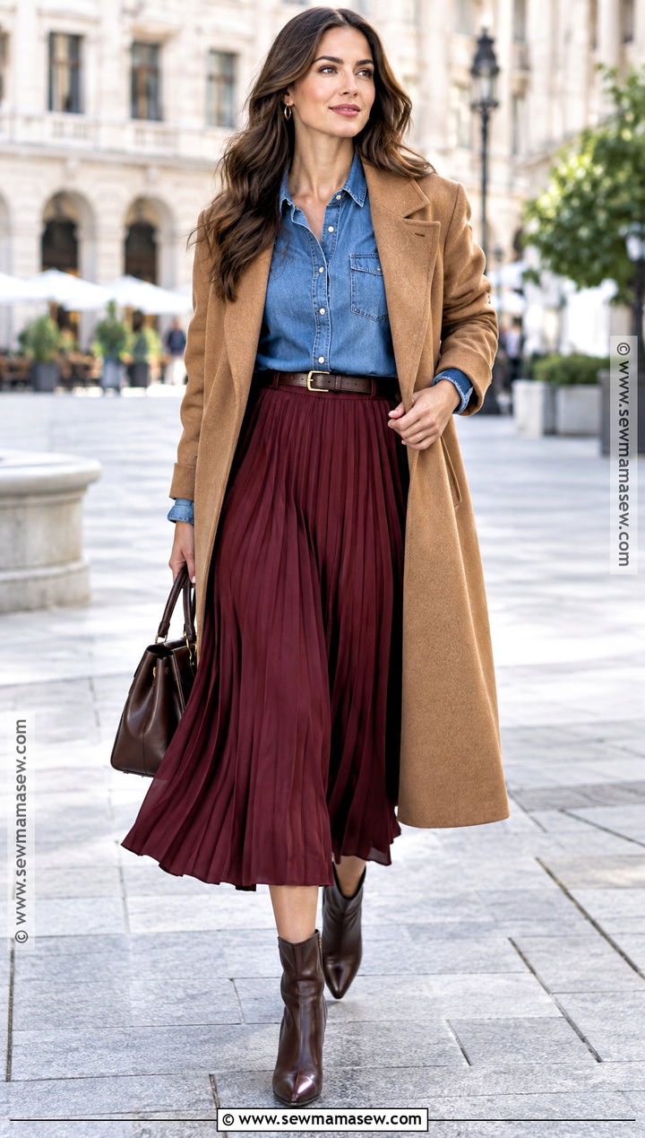 Denim Shirt With Pleated Midi Skirt - 15 fall denim shirt outfit ideas