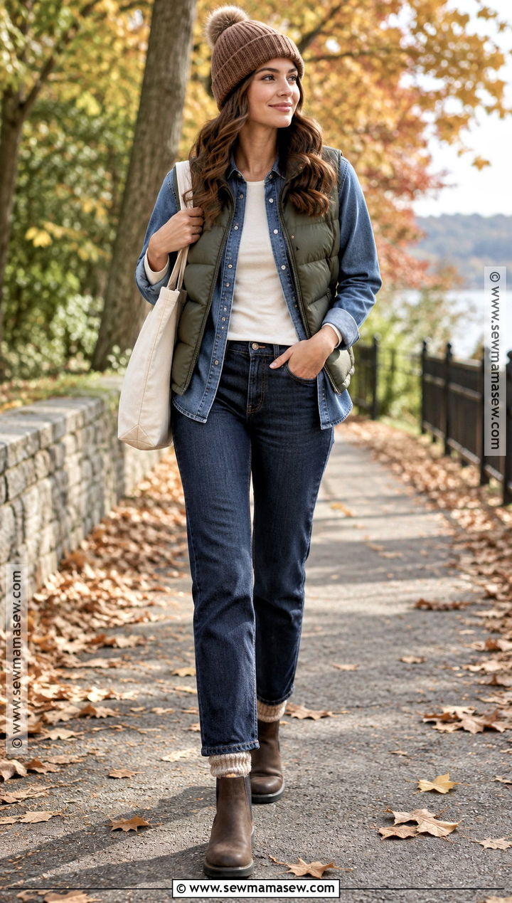 Denim Shirt With Puffer Vest And Straight Jeans - 20 denim shirt outfit fall ideas