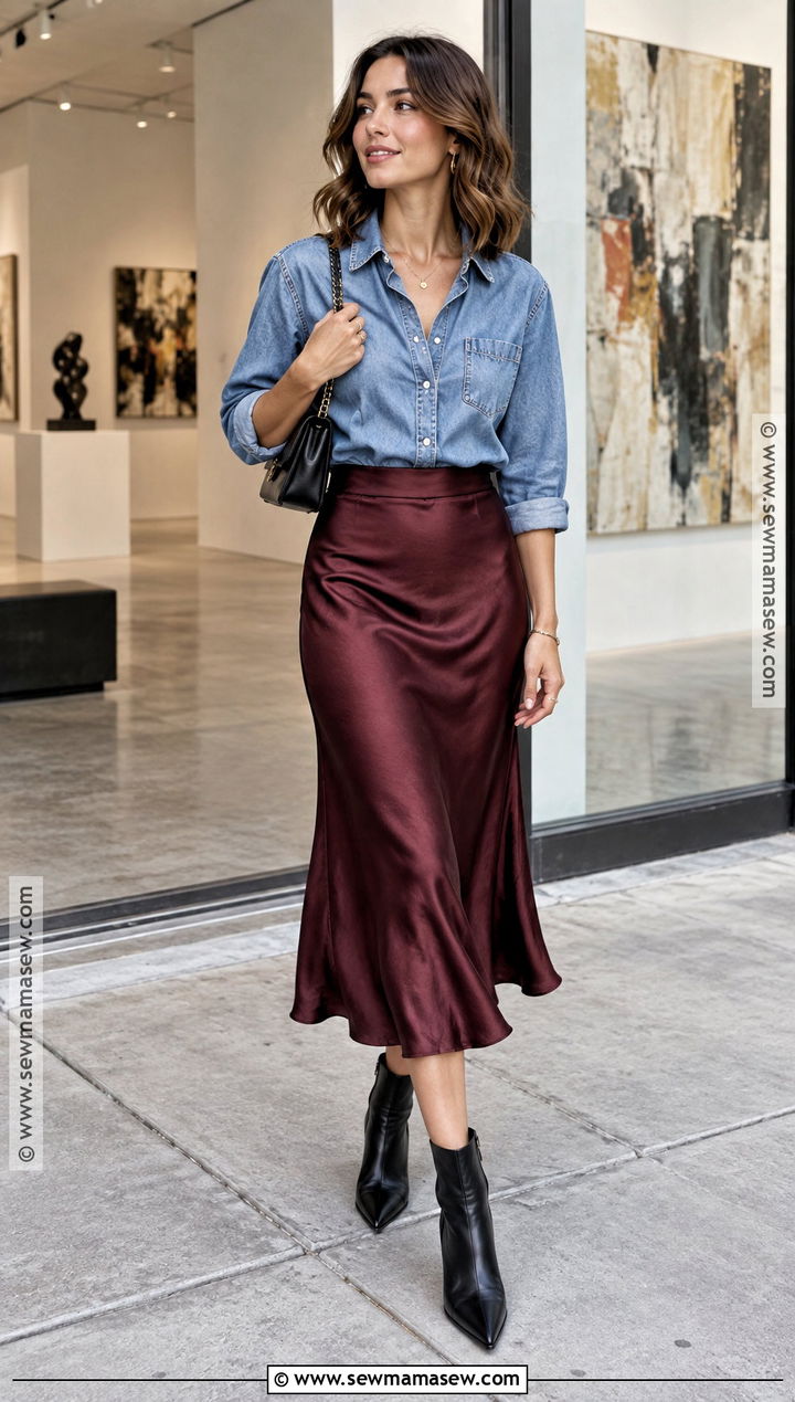 Denim Shirt With Satin Midi Skirt And Ankle Boots - 20 Denim Shirt Outfit Women Fall Ideas