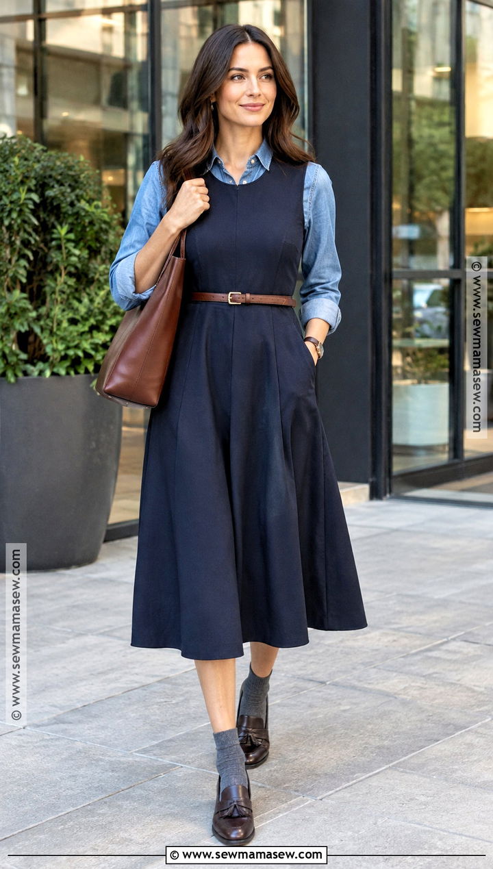 Denim Shirt With Sleeveless Dress and Loafers Fall Capsule Outfit - 25 fall winter capsule wardrobe ideas