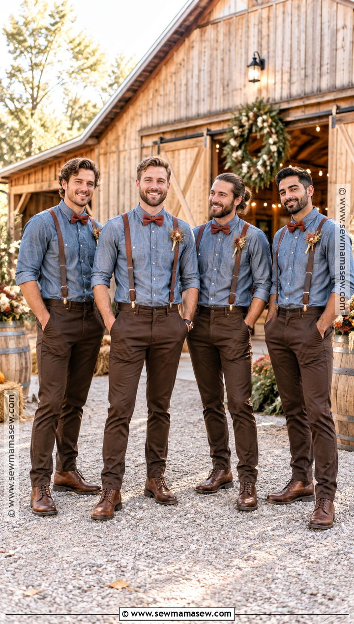 Denim Shirt With Suspenders And Brown Trousers - 15 fall boho groomsmen attire ideas