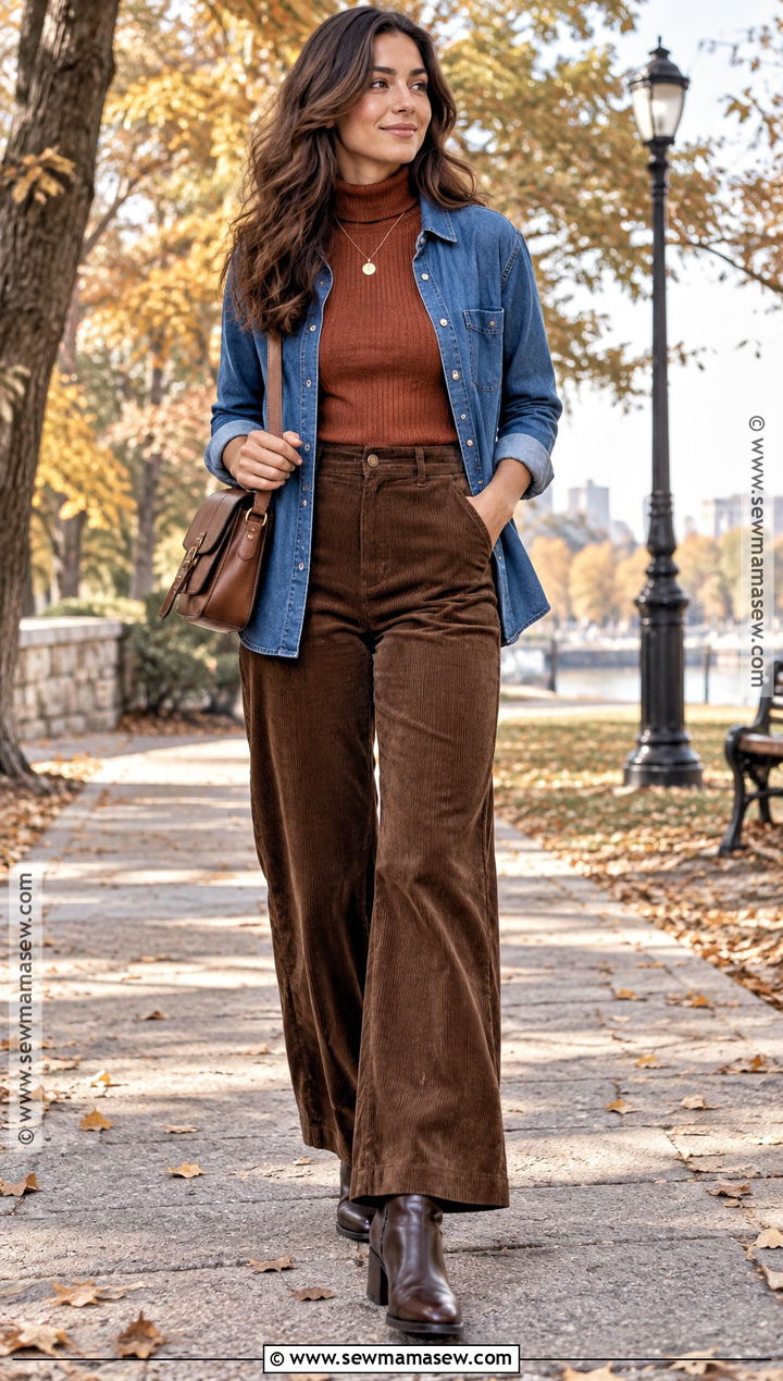 Denim Shirt With Turtleneck And Corduroy Pants - 20 Denim Shirt Outfit Women Fall Ideas