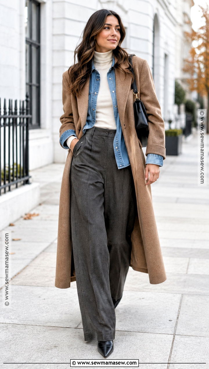 Denim Shirt With Turtleneck And Wide Leg Trousers - 20 denim shirt outfit fall ideas
