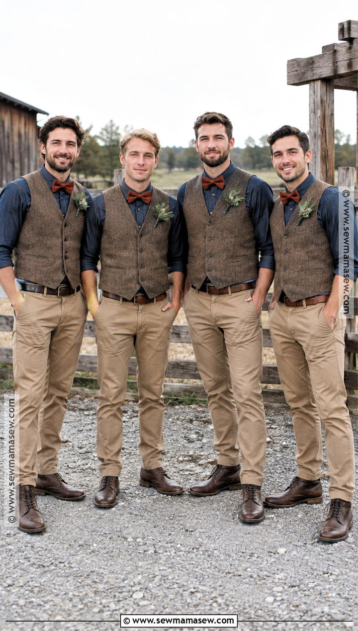 Denim Shirt With Tweed Vest And Chinos - 15 fall rustic groomsmen attire ideas