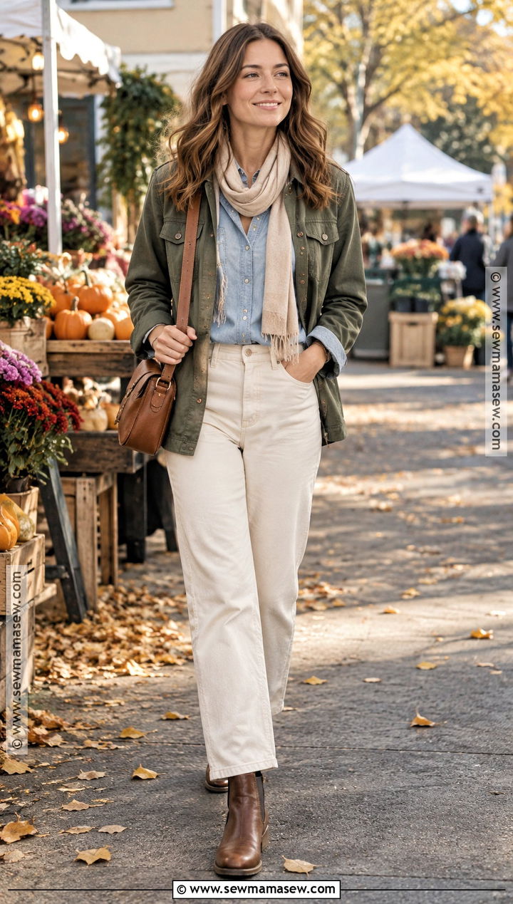 Denim Shirt With Utility Jacket And Ecru Jeans - 20 Denim Shirt Outfit Women Fall Ideas