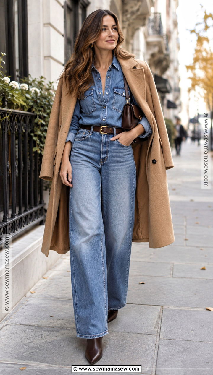 Denim Shirt With Wide Leg Jeans And Ankle Boots - 20 denim shirt outfit fall ideas