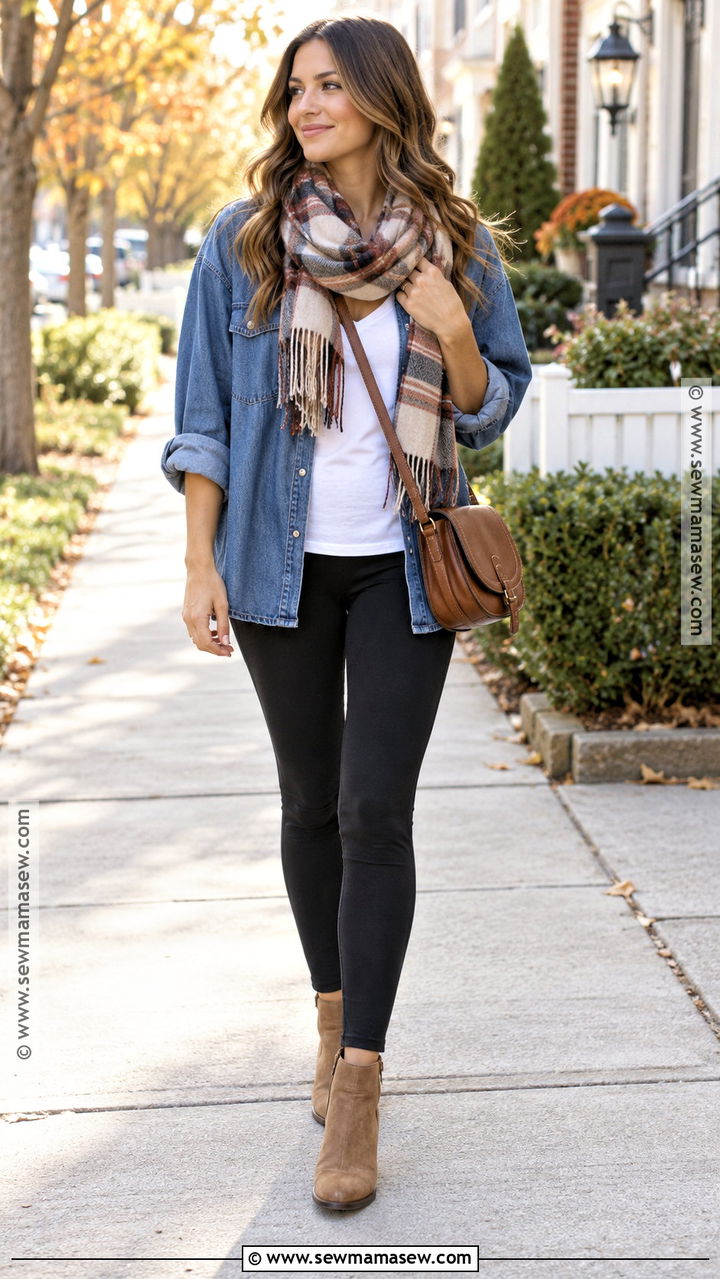 Denim Shirt and Black Leggings Outfit - 20 autumn leggings outfits