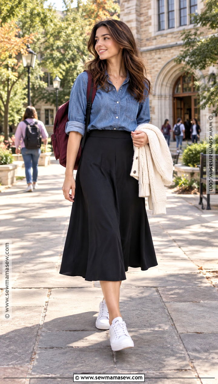 Denim Shirt and Black Midi Skirt Fall School Outfit - 25 outfit ideas autumn school