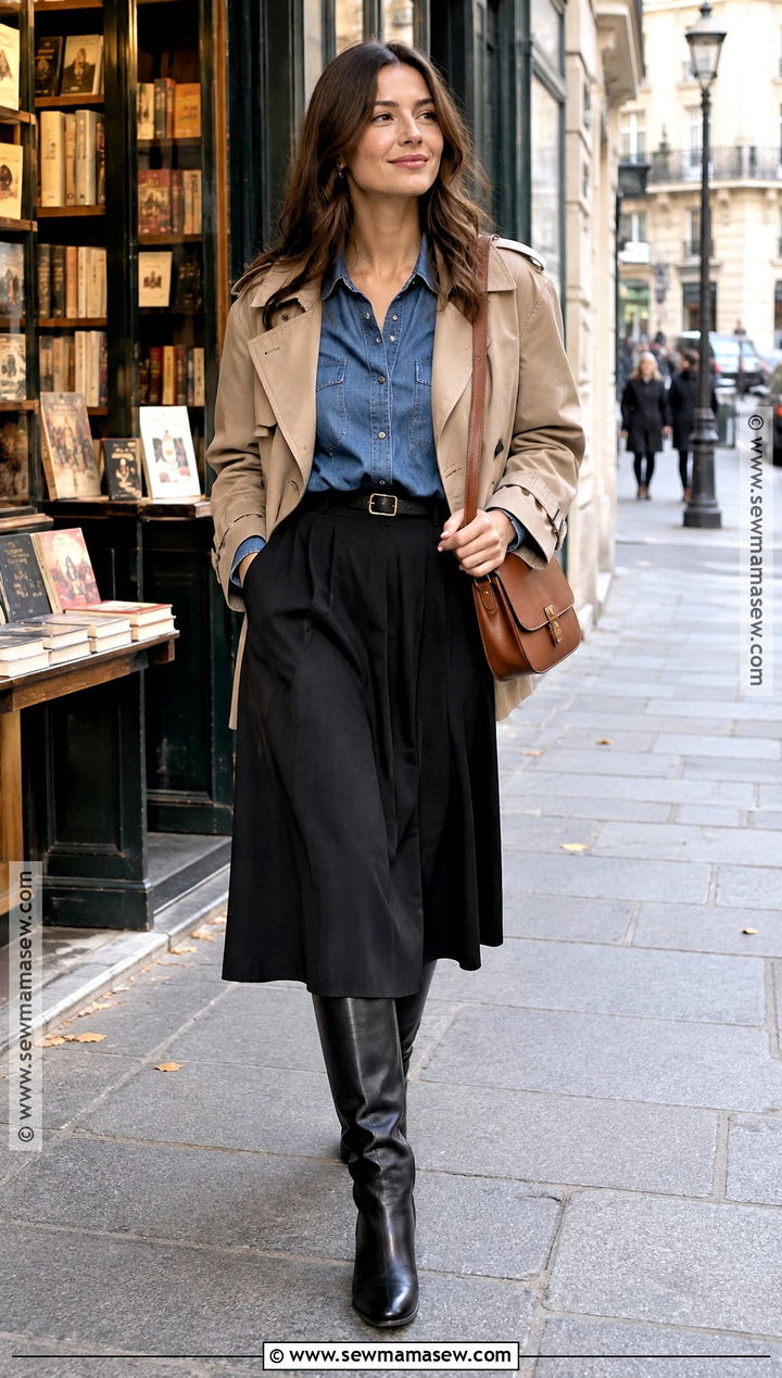 Denim Shirt and Black Midi Skirt Paris Fall Outfit - 25 fall paris outfits