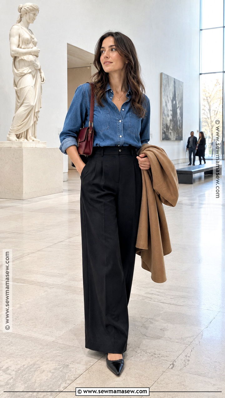 Denim Shirt and Black Trousers Fall Date Outfit - 20 casual date outfit fall ideas