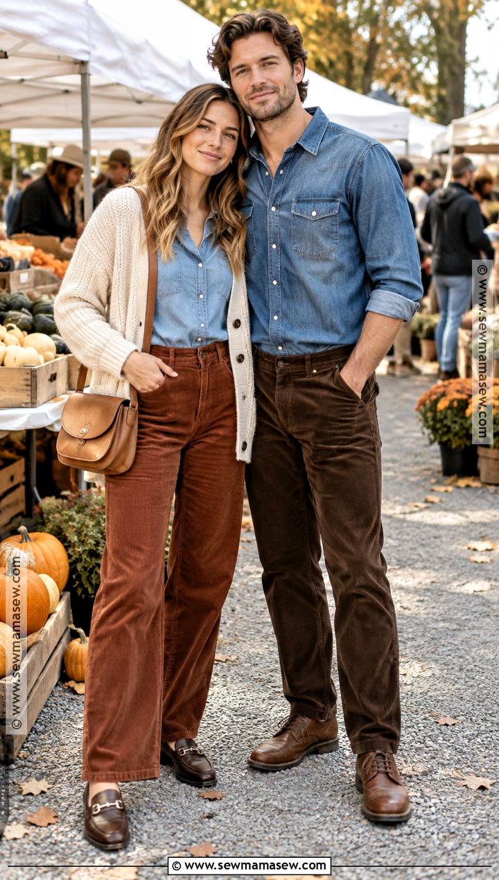 Denim Shirt and Corduroy Pants Couple Outfit - 25 matching fall outfits for couples