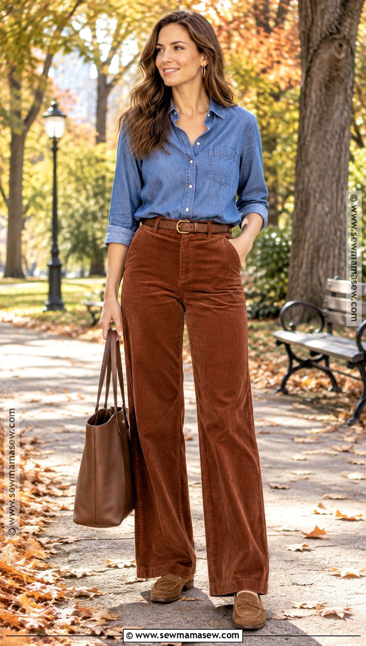 Denim Shirt and Corduroy Pants Fall Outfit - 15 fall fashion for over 30 ideas