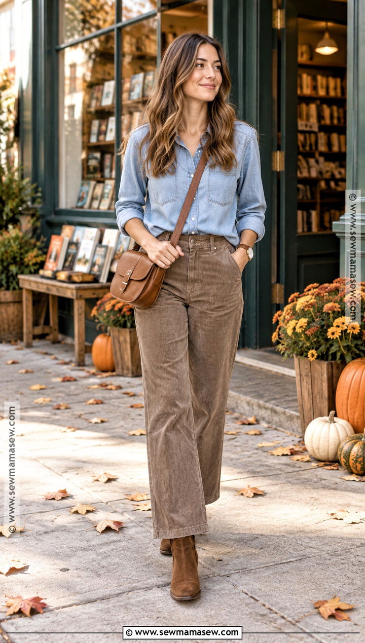 Denim Shirt and Corduroy Pants Fall Outfit - 20 calm fall outfits