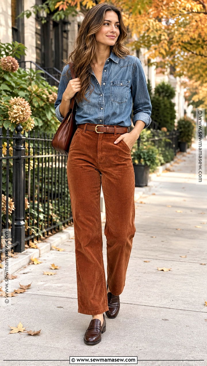 Denim Shirt and Corduroy Pants Fall Outfit - 25 cute fall clothes
