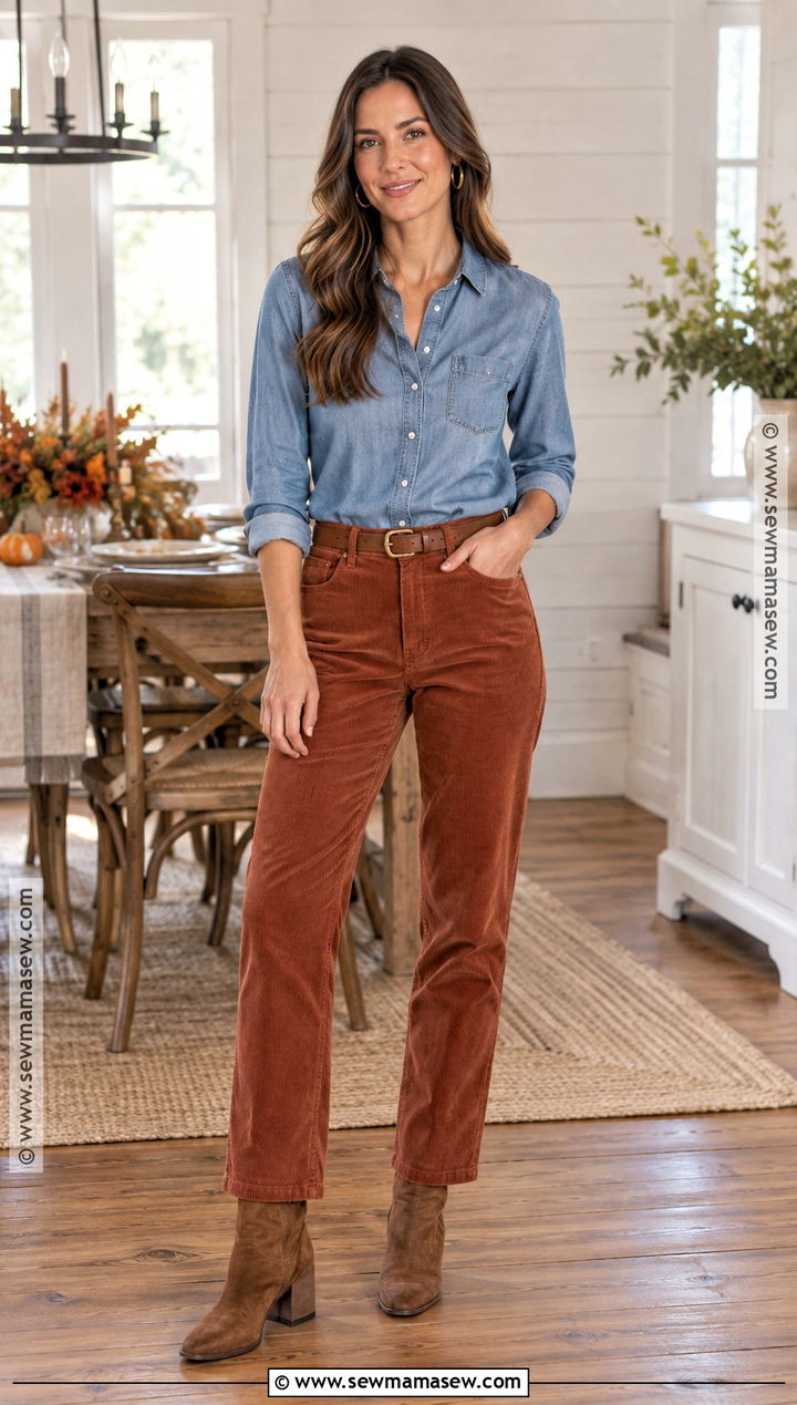 Denim Shirt and Corduroy Pants Thanksgiving Outfit - 25 Chill Thanksgiving Outfits
