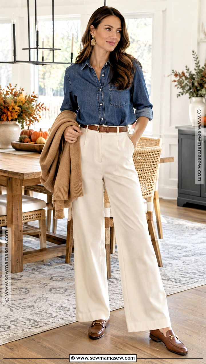 Denim Shirt and Cream Pants Thanksgiving Outfit - 20 thanksgiving outfit with pants