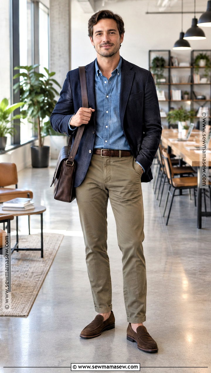 Denim Shirt and Khaki Chinos Fall Work Outfit - 15 fall work outfits for men