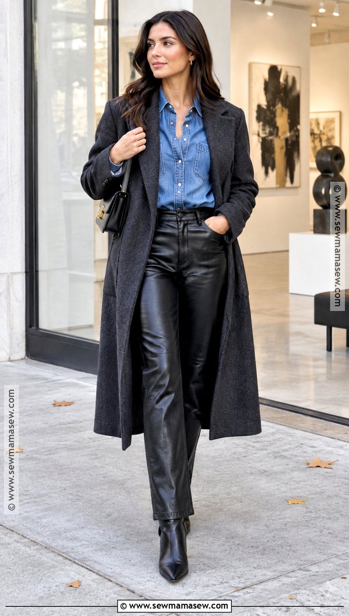 Denim Shirt and Leather Pants Fall Outfit - 30 fall outfits for women