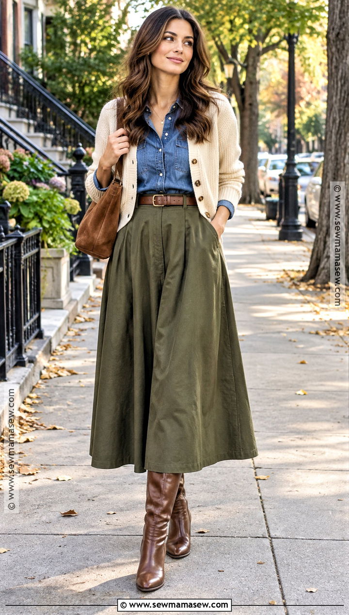 Denim Shirt and Maxi Skirt Fall Outfit - 15 fall outfit ideas for women 2026