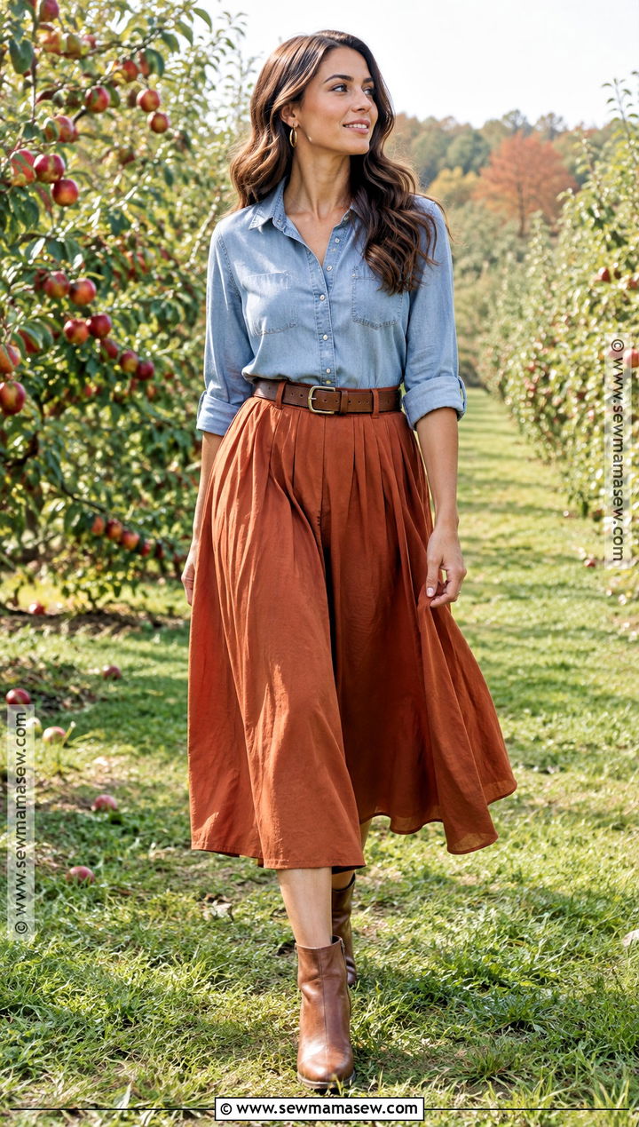 Denim Shirt and Midi Skirt Fall Photoshoot Outfit - 25 Fall Photoshoot Outfits
