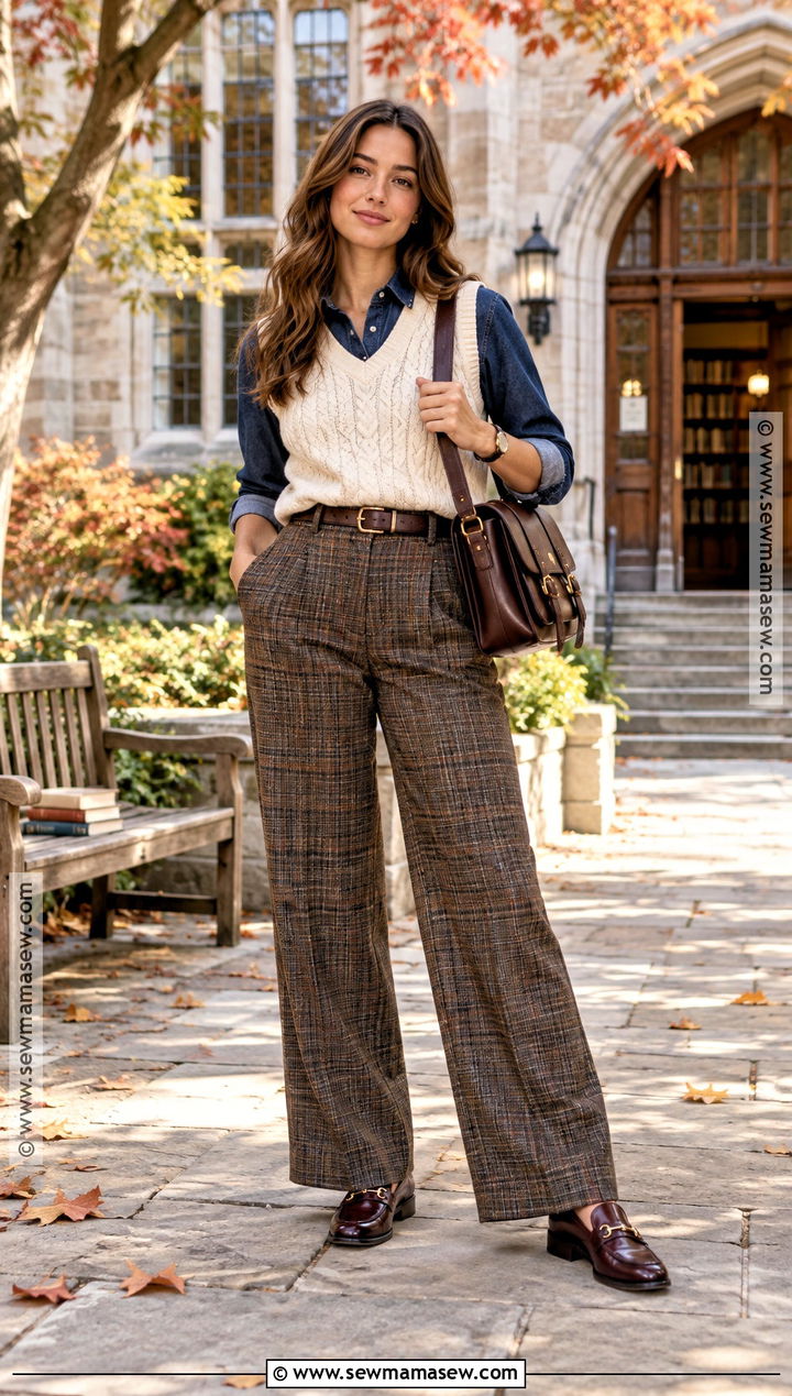 Denim Shirt and Plaid Trousers Preppy Fall Outfit - 20 Preppy Outfits Fall