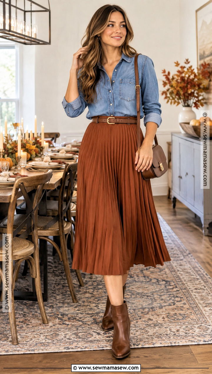 Denim Shirt and Pleated Midi Skirt Friendsgiving Outfit - 25 Friendsgiving Outfits for Women