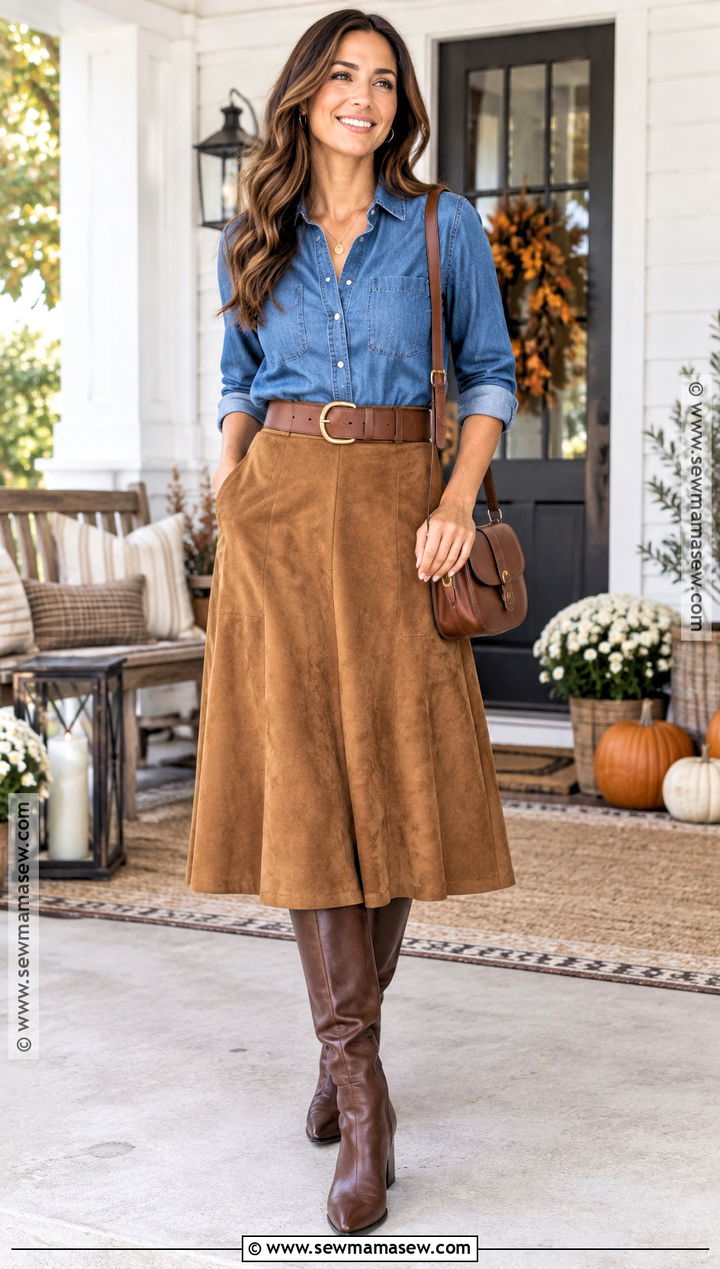 Denim Shirt and Suede Skirt Thanksgiving Outfit - 25 fall thanksgiving outfits