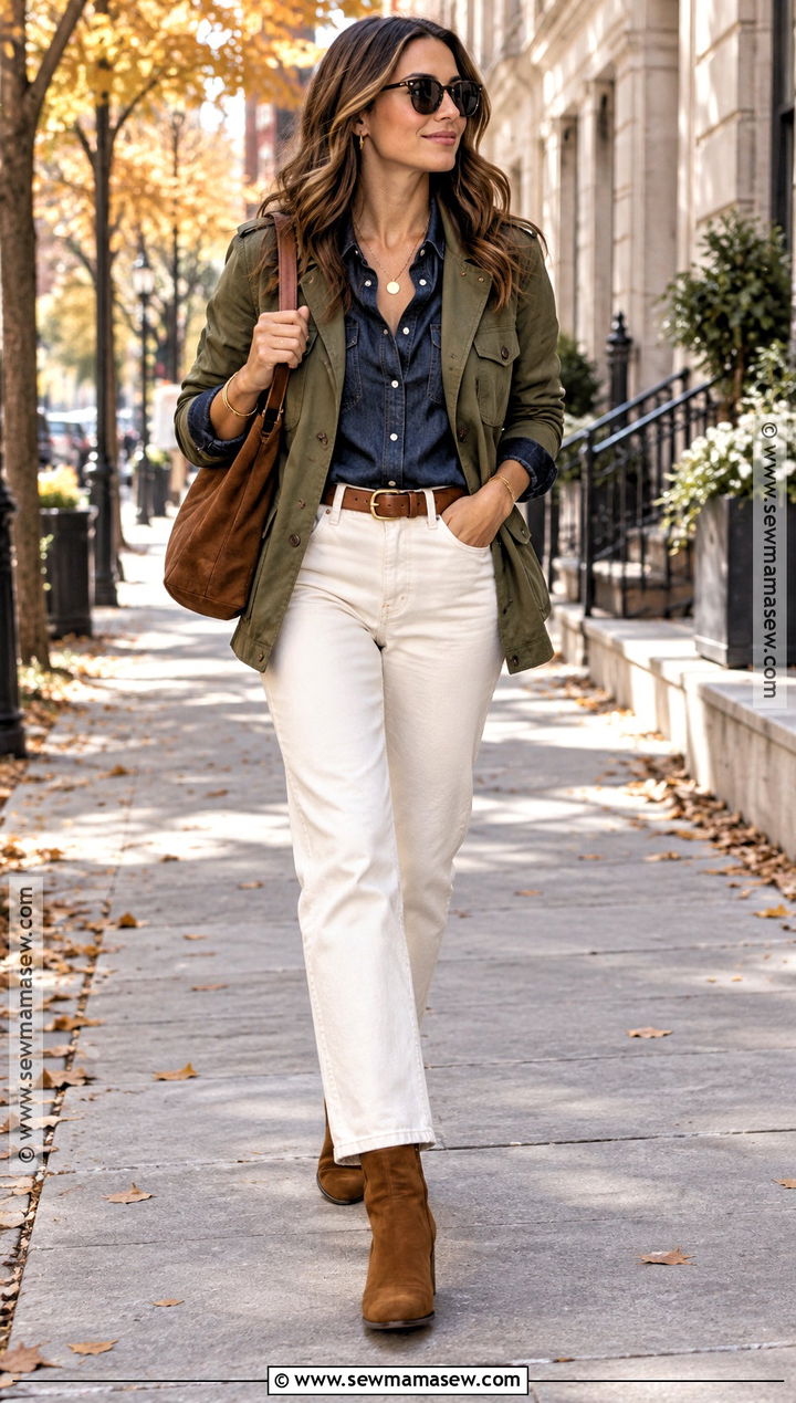 Denim Shirt and White Jeans Fall Outfit - 25 ootd fall ideas