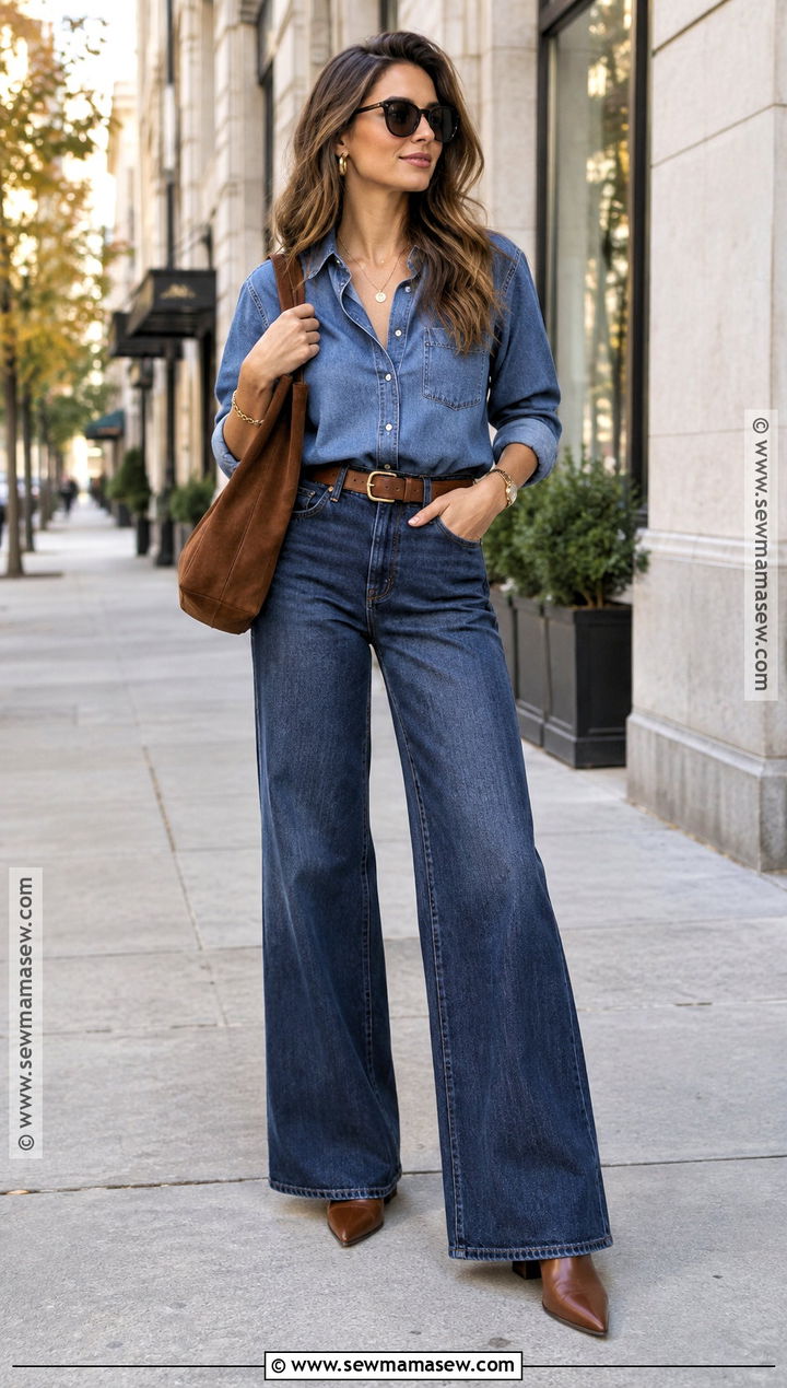Denim Shirt and Wide Leg Jeans Fall Outfit - 30 fall inspo outfits