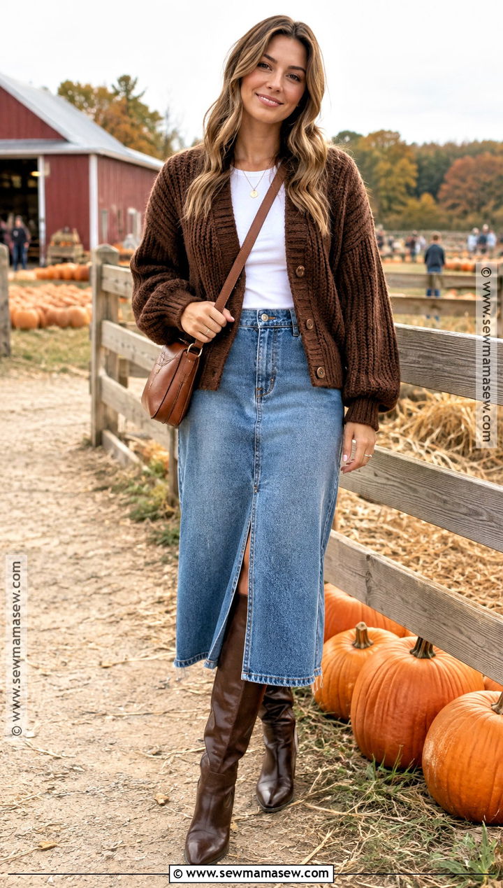 Denim Skirt And Cardigan Pumpkin Patch Outfit - 25 pumpkin patch outfits