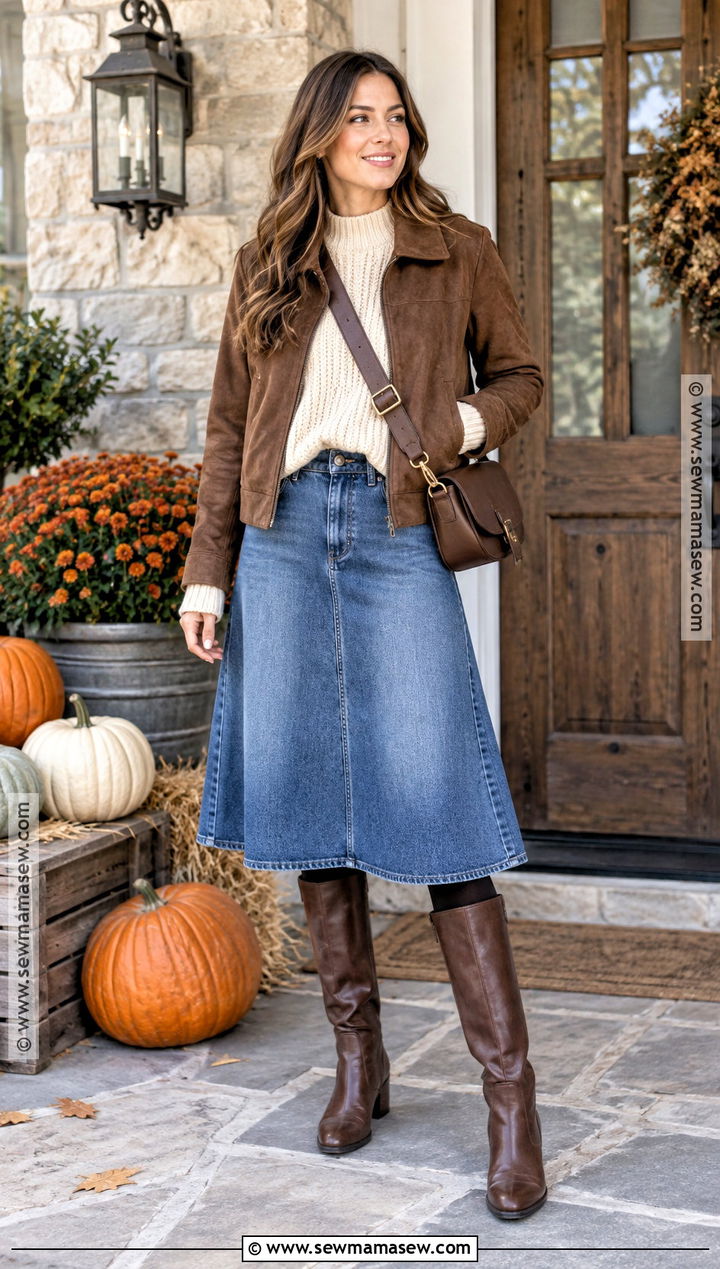 Denim Skirt And Chunky Knit Pumpkin Patch Look - 15 pumpkin patch looks