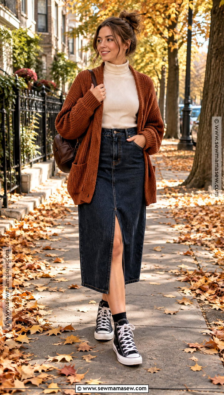 Denim Skirt And High Top Sneakers Fall Outfit - 25 fall outfits with sneakers