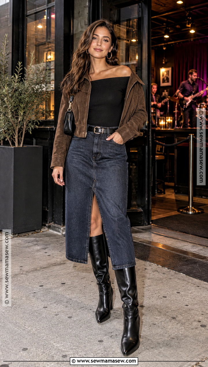 Denim Skirt And Knee High Boots Bar Outfit - 25 fall night out outfit bar ideas