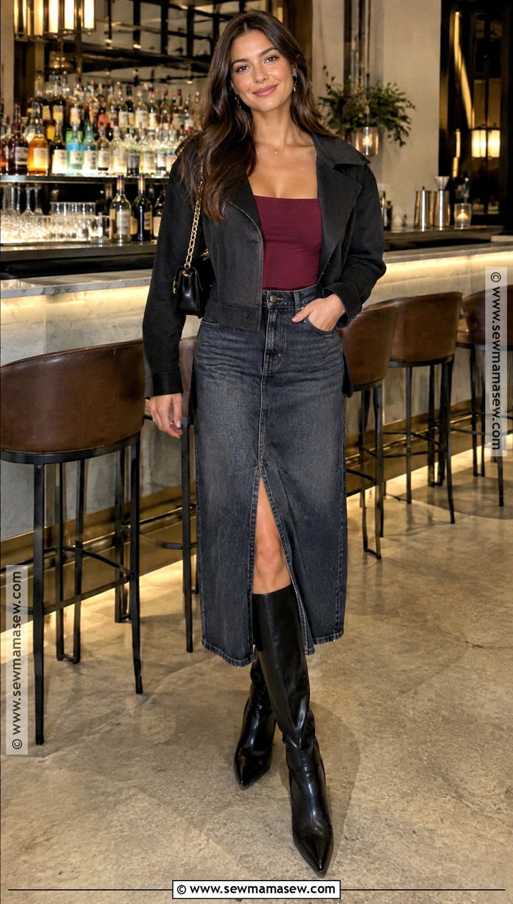 Denim Skirt And Long Sleeve Top Bar Outfit - 15 bar outfit night fall casual ideas