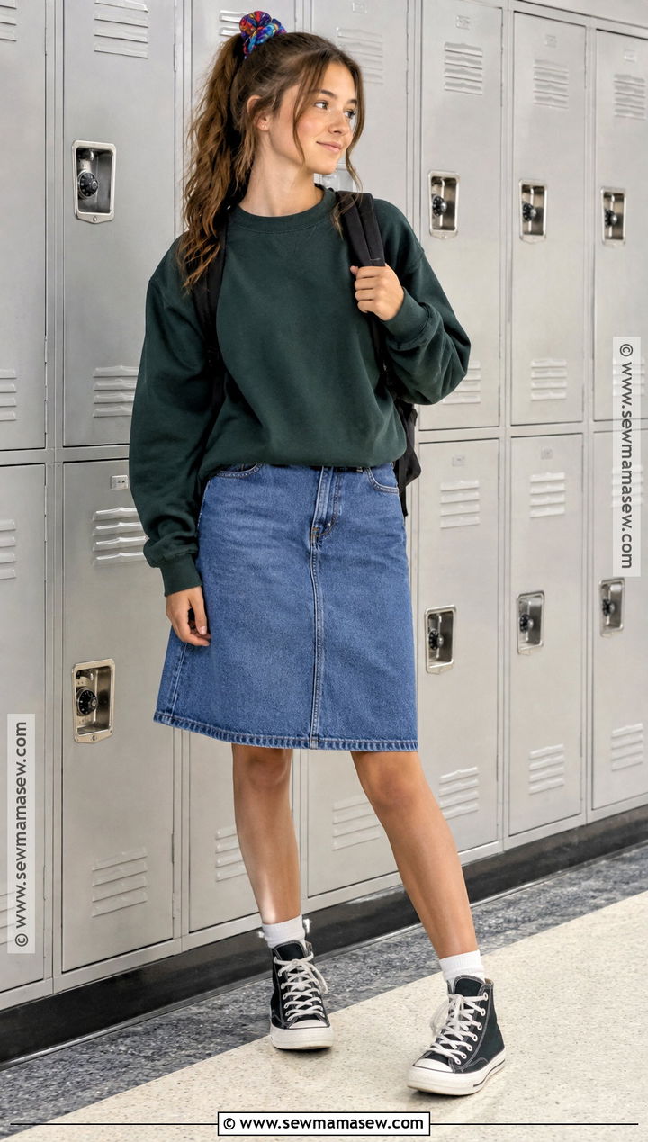 Denim Skirt And Oversized Sweatshirt School Outfit - 15 back to school highschool outfits
