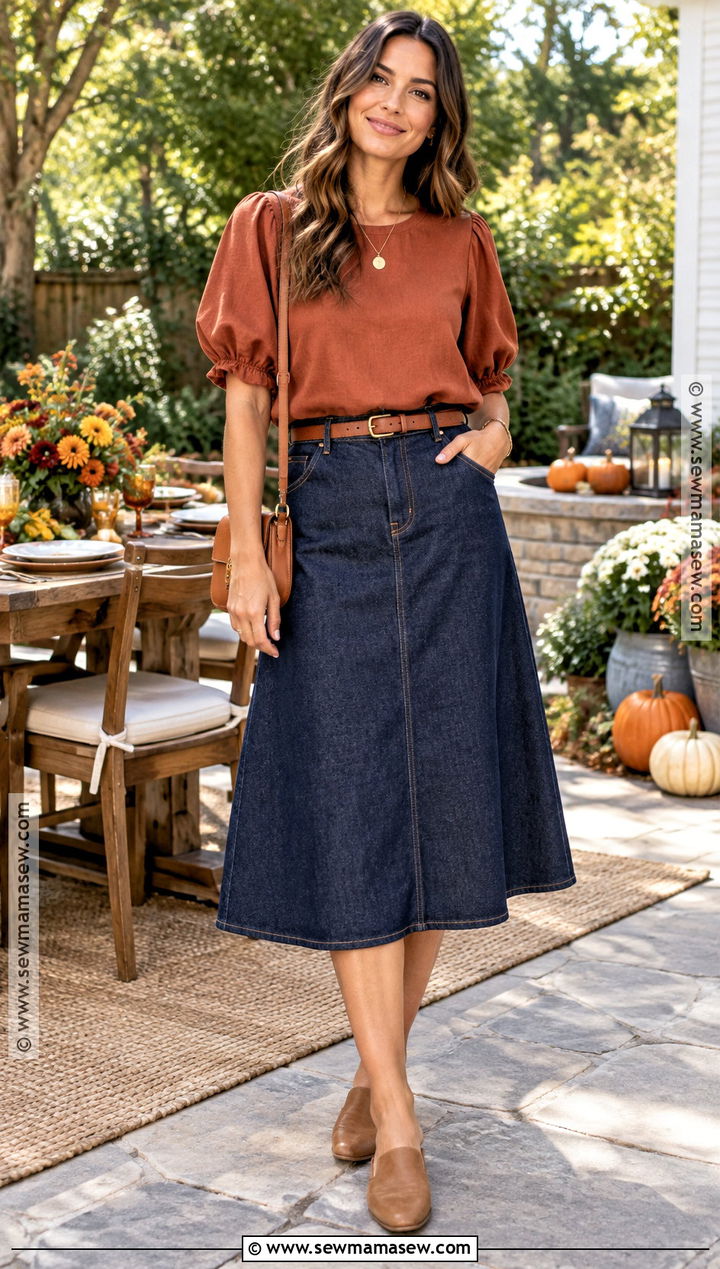 Denim Skirt And Puff Sleeve Top Thanksgiving Outfit - 20 Thanksgiving Outfit Hot Weather Ideas