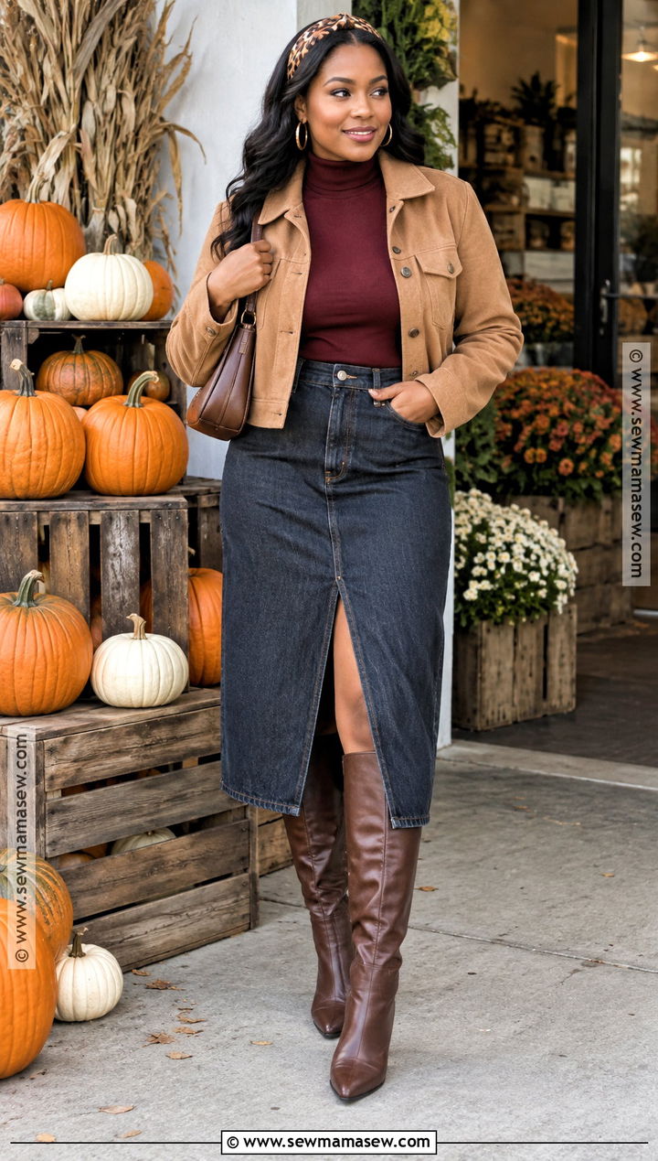 Denim Skirt And Turtleneck Pumpkin Patch Outfit - 25 pumpkin patch outfit ideas for black women
