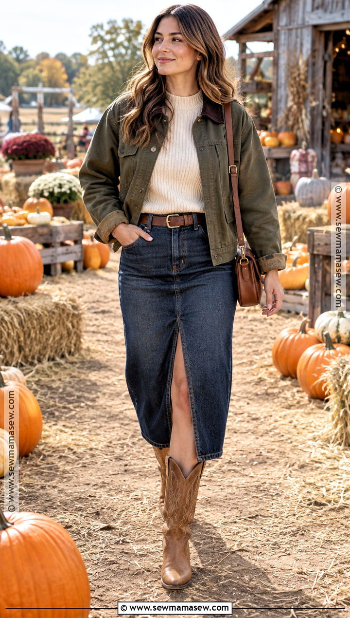 Denim Skirt Pumpkin Patch Outfit With Cowgirl Boots - 20 Pumpkin Patch Outfit Cowgirl Boots